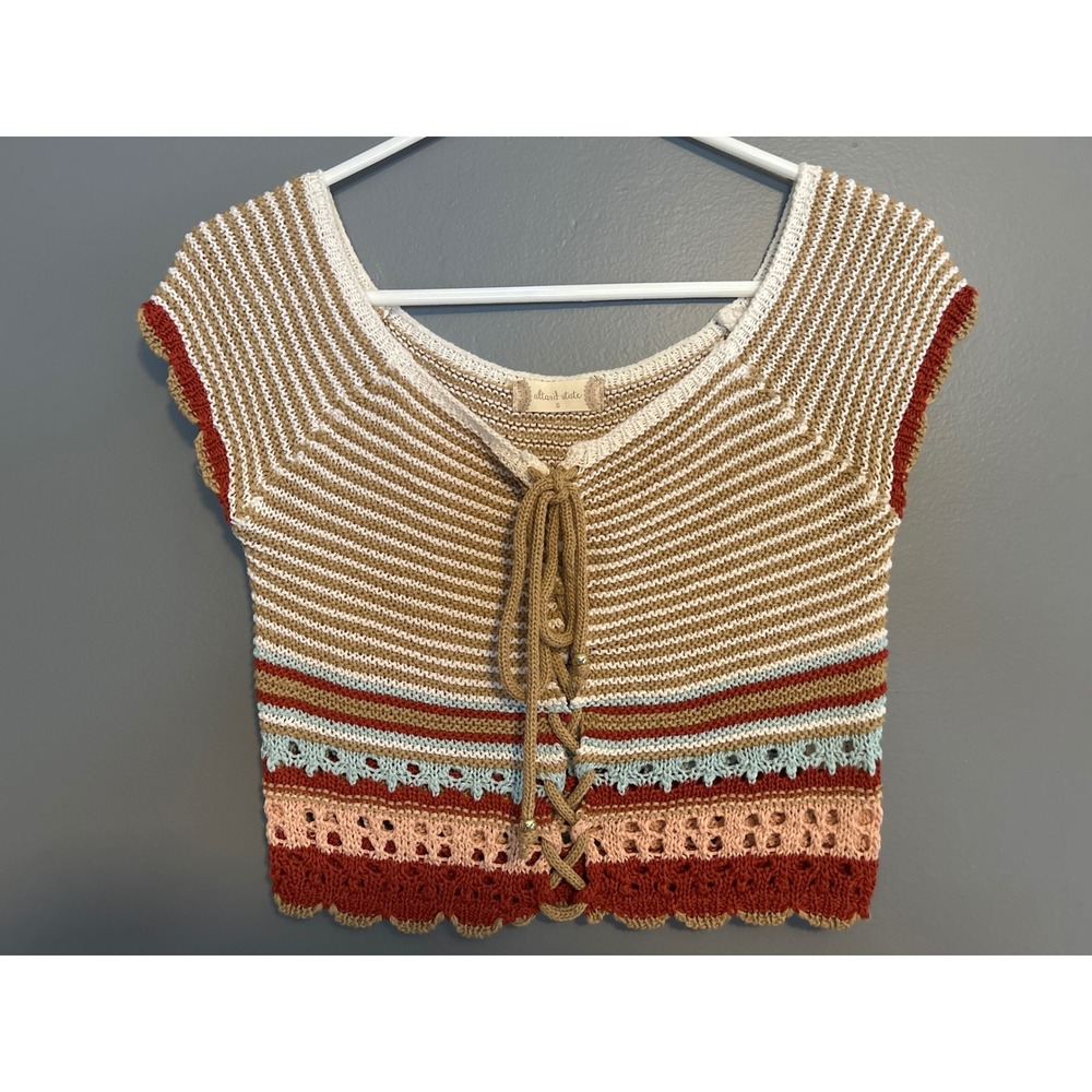 Altar'd State Womens Small Boho Crochet Knit Lace Up Striped Cropped Multicolor